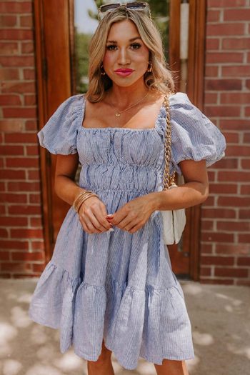 Women Sky Blue Stripe Bubble Sleeve Square Neck Ruched Pocket Babydoll Dress | Short Dresses
