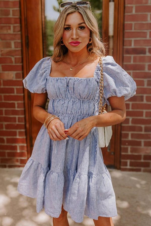 Women Sky Blue Stripe Bubble Sleeve Square Neck Ruched Pocket Babydoll Dress | Short Dresses