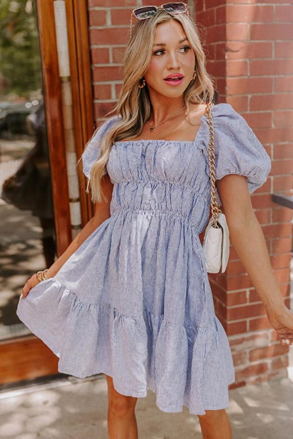 Women Sky Blue Stripe Bubble Sleeve Square Neck Ruched Pocket Babydoll Dress | Short Dresses - Image 2