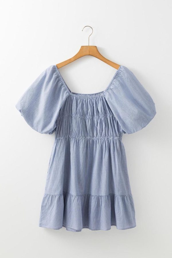 Women Sky Blue Stripe Bubble Sleeve Square Neck Ruched Pocket Babydoll Dress | Short Dresses - Image 5