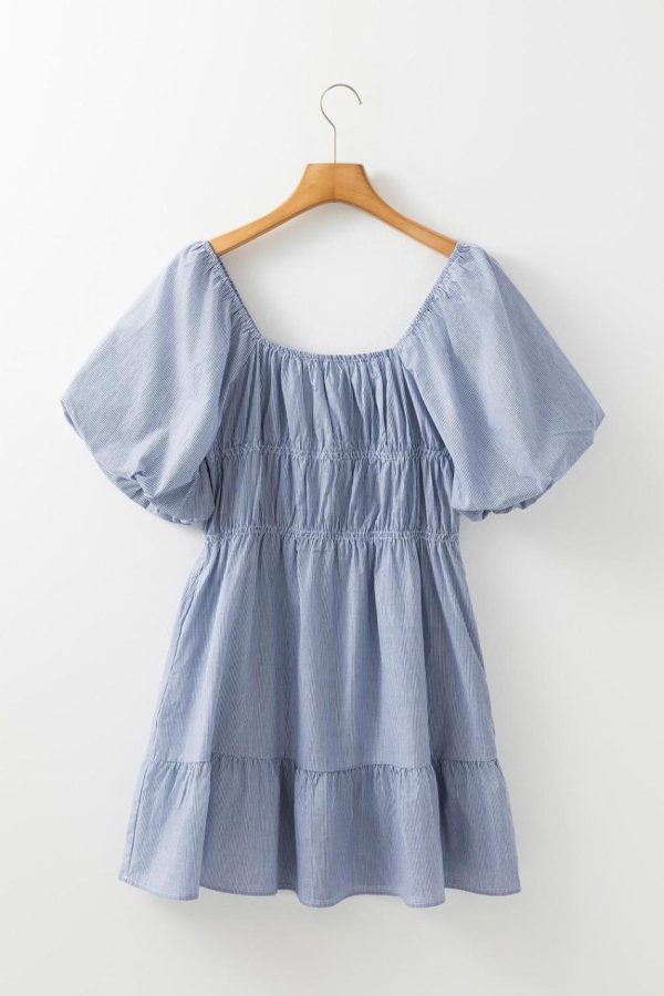 Women Sky Blue Stripe Bubble Sleeve Square Neck Ruched Pocket Babydoll Dress | Short Dresses - Image 6