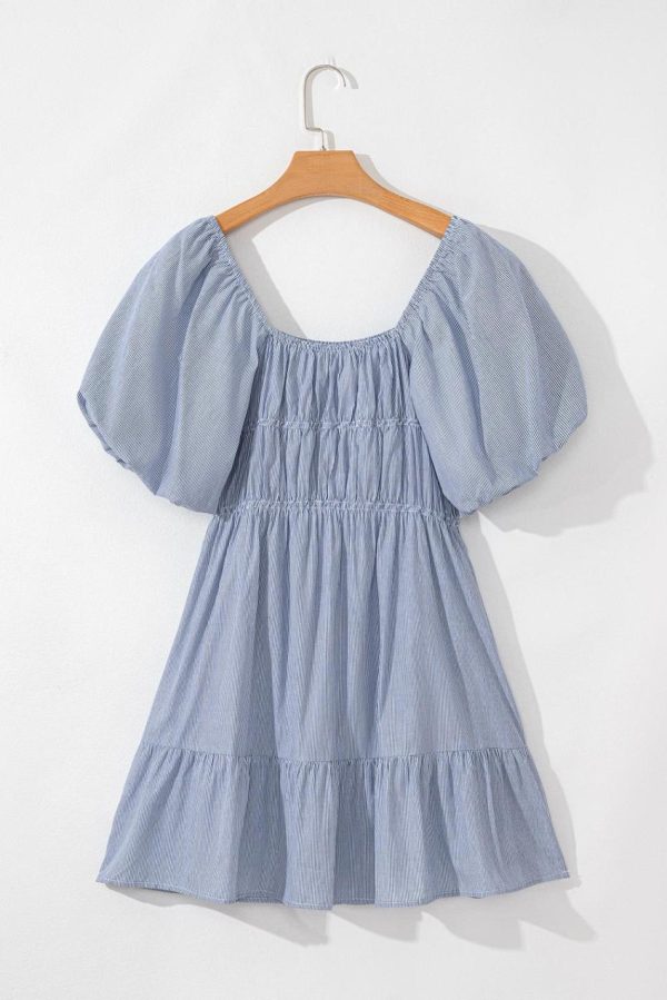 Women Sky Blue Stripe Bubble Sleeve Square Neck Ruched Pocket Babydoll Dress | Short Dresses - Image 7