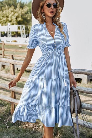 Women Sky Blue Stripe Button Tie Neck Midi Dress | Midi Dresses