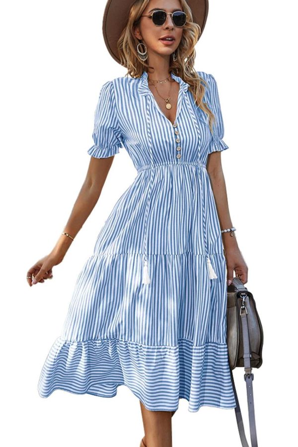 Women Sky Blue Stripe Button Tie Neck Midi Dress | Midi Dresses - Image 2