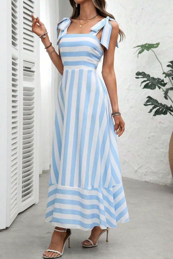 Women Sky Blue Stripe Knot Strap Maxi Dress | Maxi Dresses
