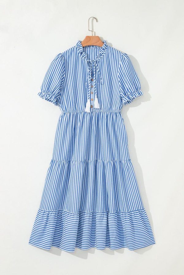 Women Sky Blue Striped Tassel Tie Front Frill Neck Flowy Midi Dress | Midi Dresses - Image 2