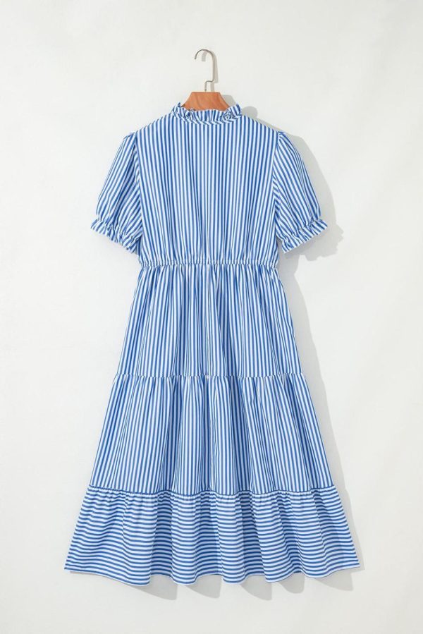 Women Sky Blue Striped Tassel Tie Front Frill Neck Flowy Midi Dress | Midi Dresses - Image 3