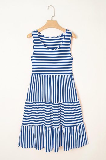 Women Sky Blue Striped U Neck Sleeveless Loose Fit Mini Dress | Short Dresses