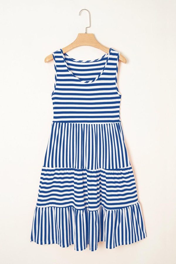 Women Sky Blue Striped U Neck Sleeveless Loose Fit Mini Dress | Short Dresses
