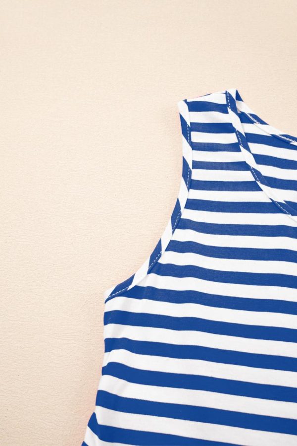 Women Sky Blue Striped U Neck Sleeveless Loose Fit Mini Dress | Short Dresses - Image 5