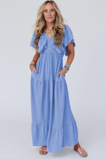 Women Sky Blue Textured V Neck Flutter Sleeve Ruffled Maxi Dress | Maxi Dresses