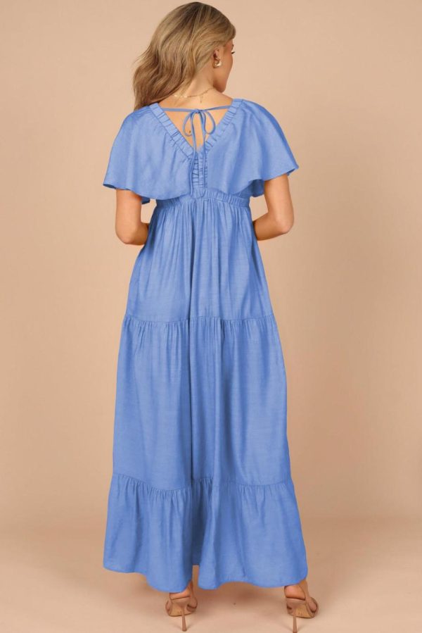 Women Sky Blue Textured V Neck Flutter Sleeve Ruffled Maxi Dress | Maxi Dresses - Image 2