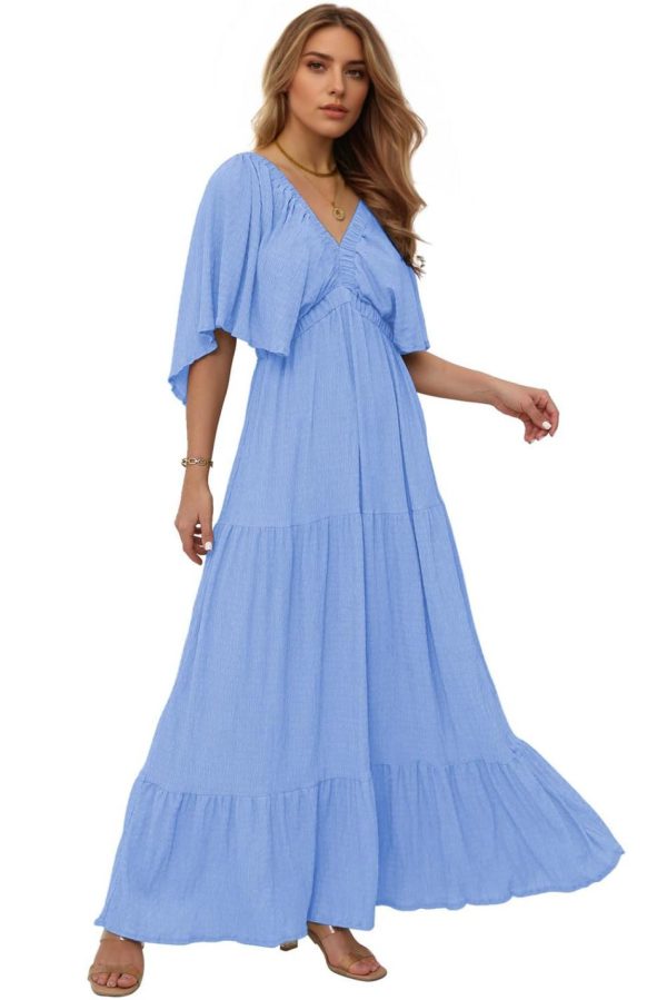 Women Sky Blue Textured V Neck Flutter Sleeve Ruffled Maxi Dress | Maxi Dresses - Image 3