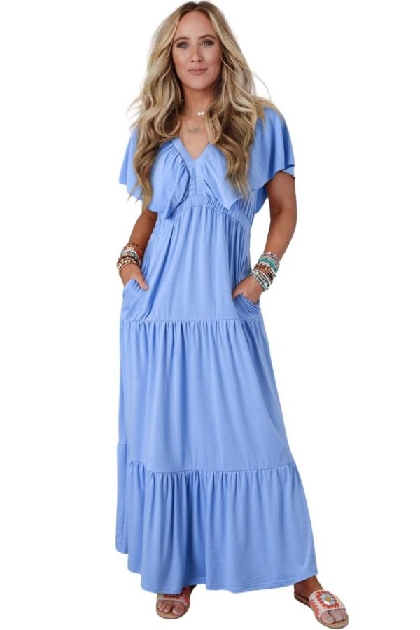 Women Sky Blue Textured V Neck Flutter Sleeve Ruffled Maxi Dress | Maxi Dresses - Image 4