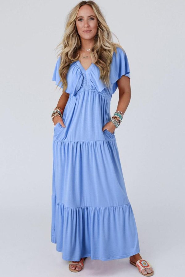 Women Sky Blue Textured V Neck Flutter Sleeve Ruffled Maxi Dress | Maxi Dresses - Image 5