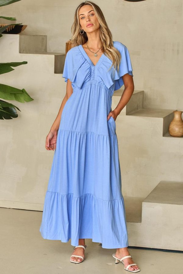 Women Sky Blue Textured V Neck Flutter Sleeve Ruffled Maxi Dress | Maxi Dresses - Image 7