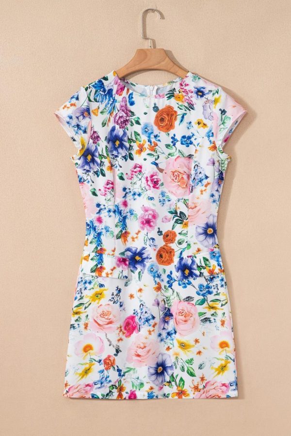 Women Sky Blue Vibrant Floral Print Cap Sleeve Mini Dress | Short Dresses - Image 4