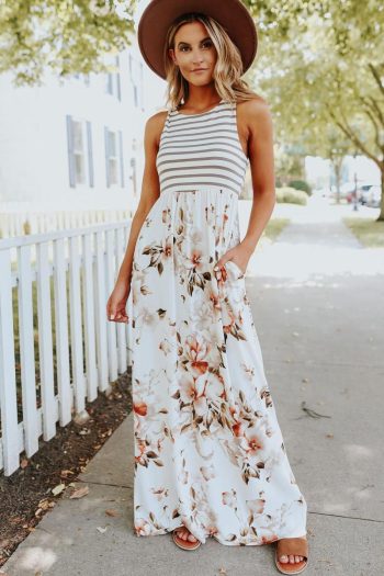 Women White Boho Stripes & Floral Print Floor Length Tank Dress | Maxi Dresses