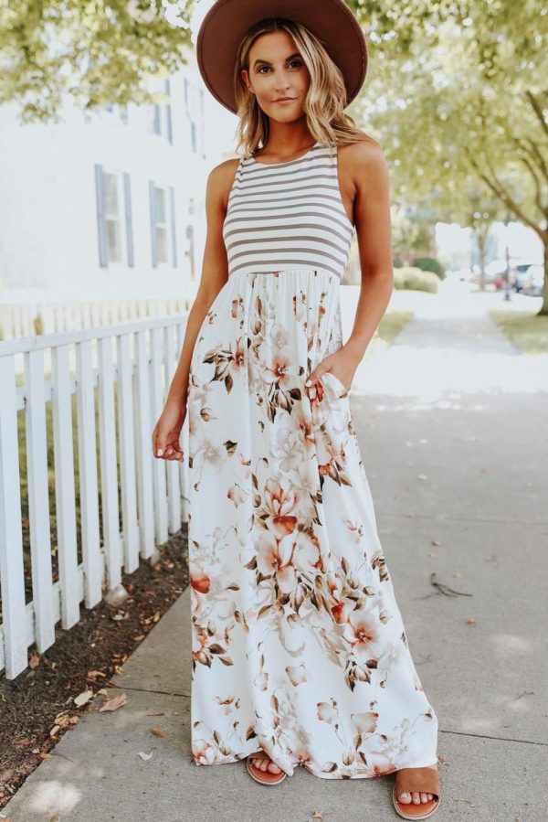 Women White Boho Stripes & Floral Print Floor Length Tank Dress | Maxi Dresses