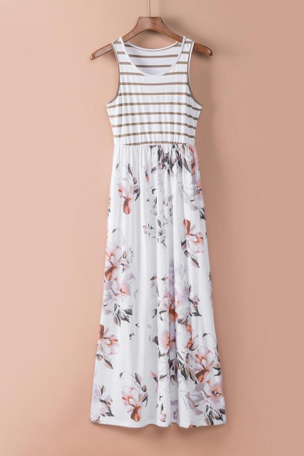 Women White Boho Stripes & Floral Print Floor Length Tank Dress | Maxi Dresses - Image 3