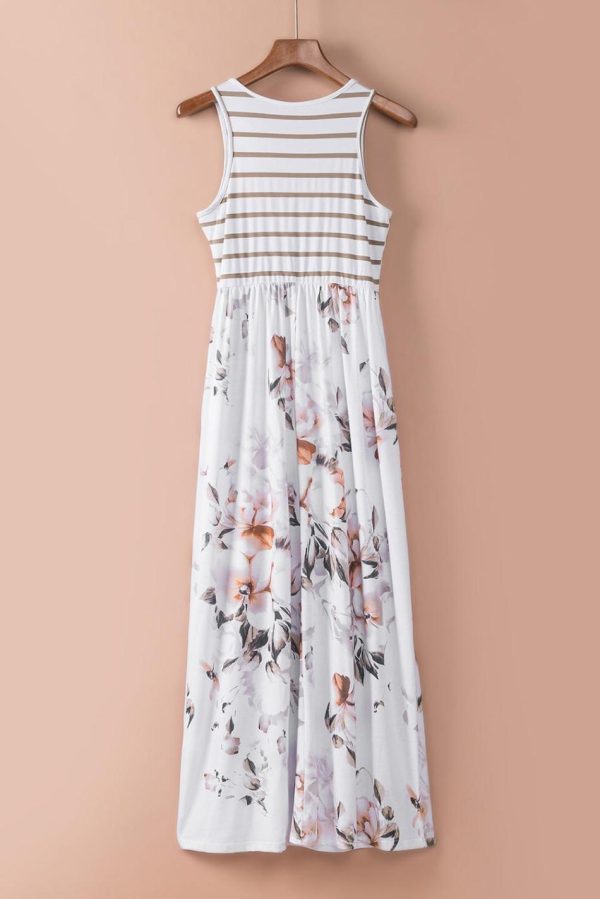 Women White Boho Stripes & Floral Print Floor Length Tank Dress | Maxi Dresses - Image 4