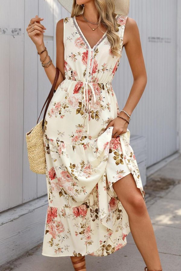 Women White Floral Print V Neck Sleeveless Tiered Dress | Midi Dresses