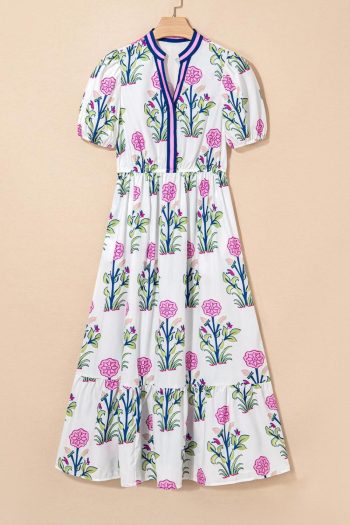 Women White Floral Ruffle Hem Pop Of Color Neckline Dress | Midi Dresses
