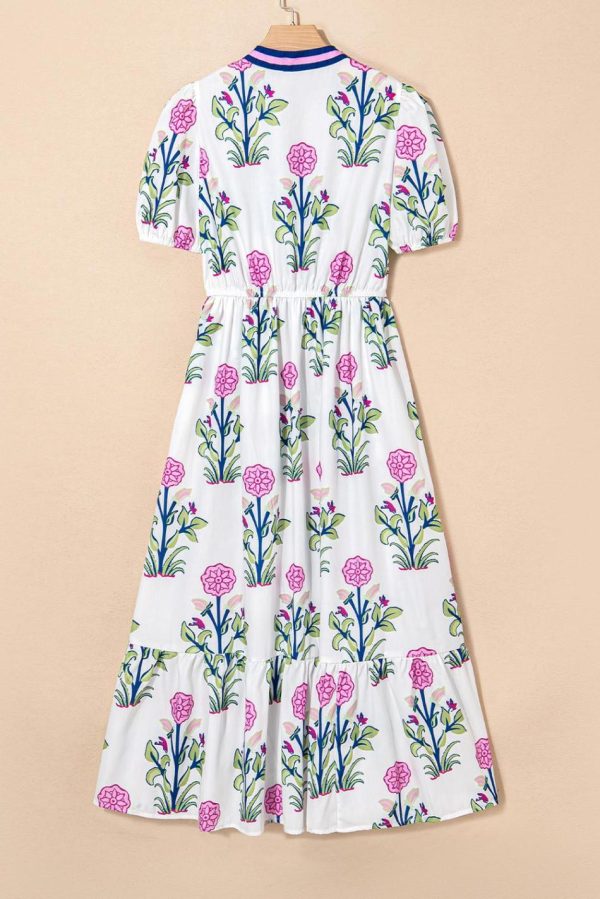 Women White Floral Ruffle Hem Pop Of Color Neckline Dress | Midi Dresses - Image 2
