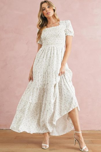 Women White Frill Neckline Shirred Bodice Floral Maxi Dress | Maxi Dresses