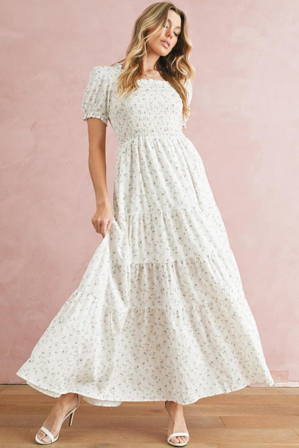 Women White Frill Neckline Shirred Bodice Floral Maxi Dress | Maxi Dresses - Image 2