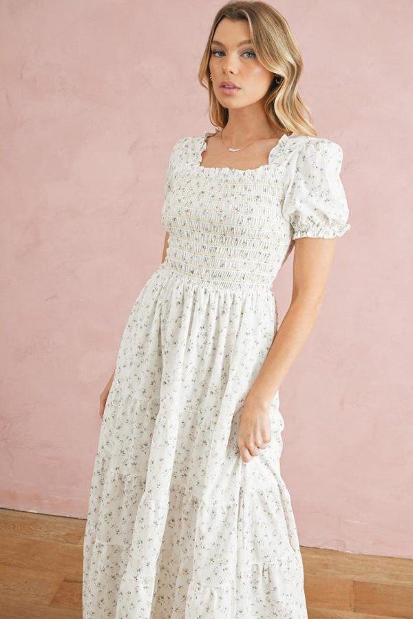 Women White Frill Neckline Shirred Bodice Floral Maxi Dress | Maxi Dresses - Image 3