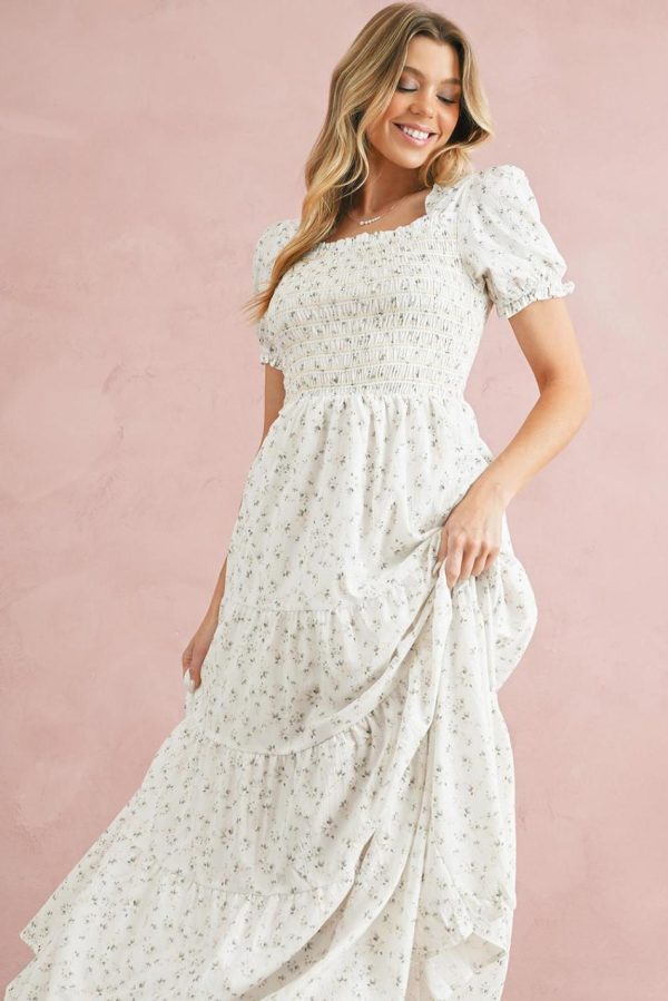 Women White Frill Neckline Shirred Bodice Floral Maxi Dress | Maxi Dresses - Image 4