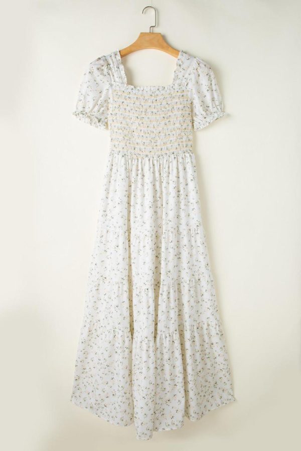 Women White Frill Neckline Shirred Bodice Floral Maxi Dress | Maxi Dresses - Image 5