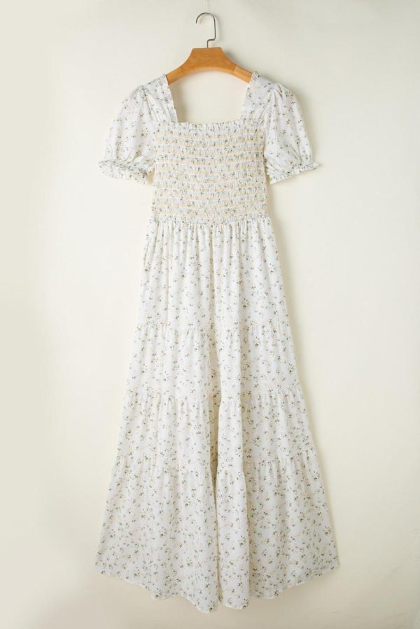 Women White Frill Neckline Shirred Bodice Floral Maxi Dress | Maxi Dresses - Image 6