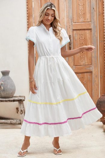 Women White High Waist Short Sleeve Tiered Shirt Dress | Maxi Dresses