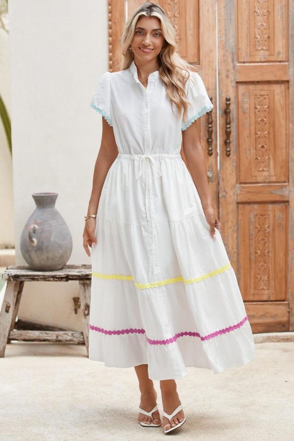 Women White High Waist Short Sleeve Tiered Shirt Dress | Maxi Dresses - Image 2