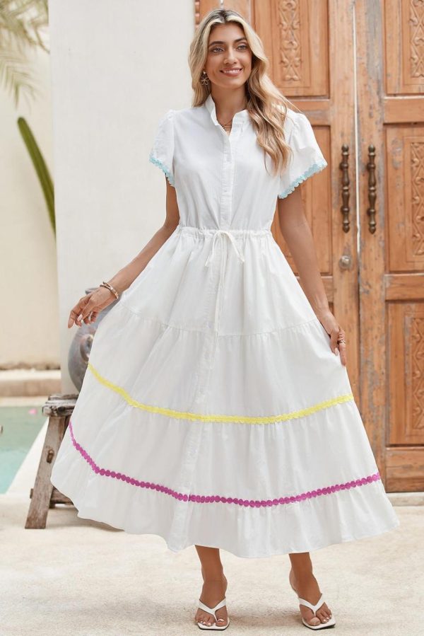 Women White High Waist Short Sleeve Tiered Shirt Dress | Maxi Dresses - Image 3