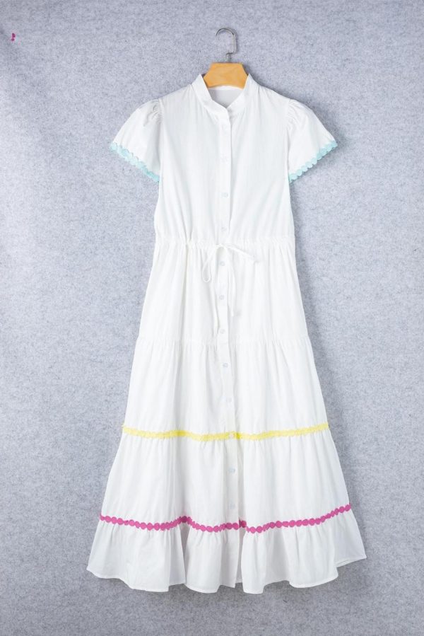 Women White High Waist Short Sleeve Tiered Shirt Dress | Maxi Dresses - Image 5
