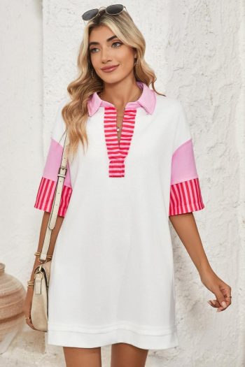 Women White Stripe Colorblock Sleeve Collared Pop Of Color Neckline Dress | Short Dresses