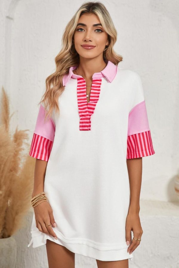 Women White Stripe Colorblock Sleeve Collared Pop Of Color Neckline Dress | Short Dresses - Image 2
