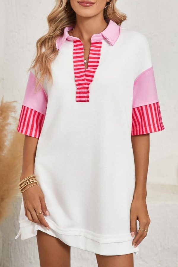 Women White Stripe Colorblock Sleeve Collared Pop Of Color Neckline Dress | Short Dresses - Image 3