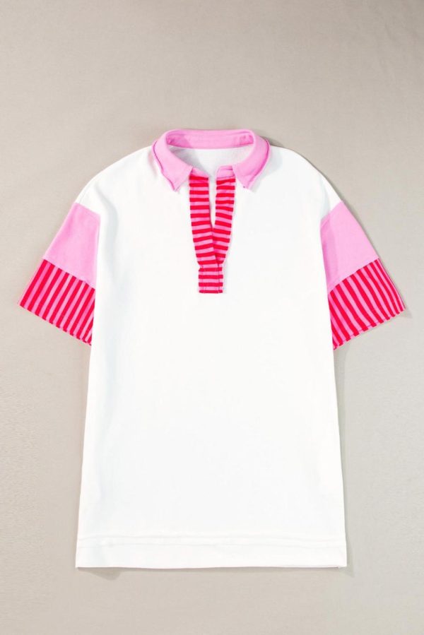 Women White Stripe Colorblock Sleeve Collared Pop Of Color Neckline Dress | Short Dresses - Image 4