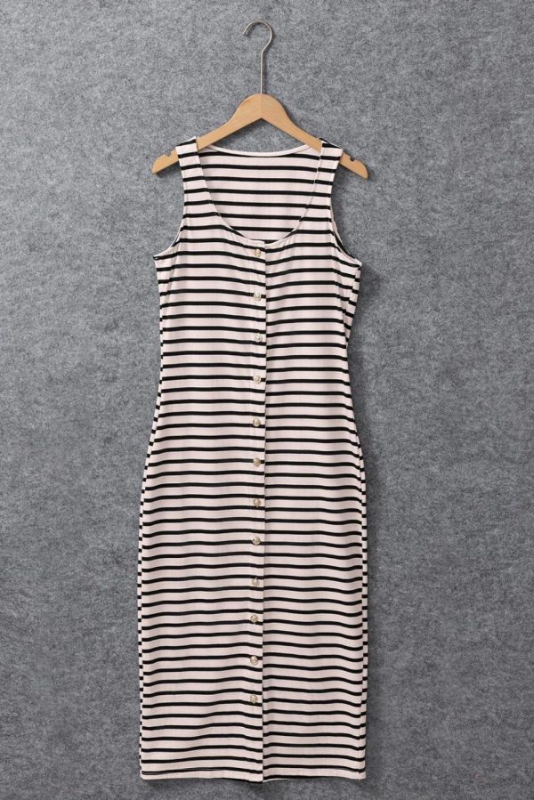 Women White Stripe Sleeveless Button Front Midi Dress | Midi Dresses - Image 3