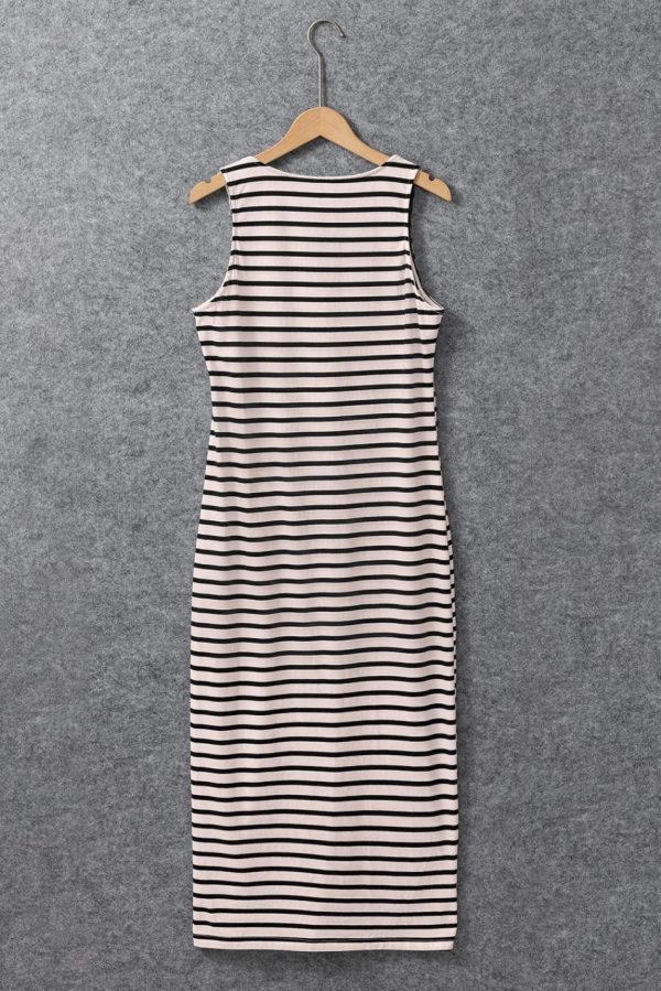 Women White Stripe Sleeveless Button Front Midi Dress | Midi Dresses - Image 4