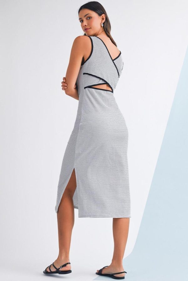 Women White Striped Criss Cross Back Side Slits Slim Fit Sleeveless Dress | Midi Dresses - Image 4