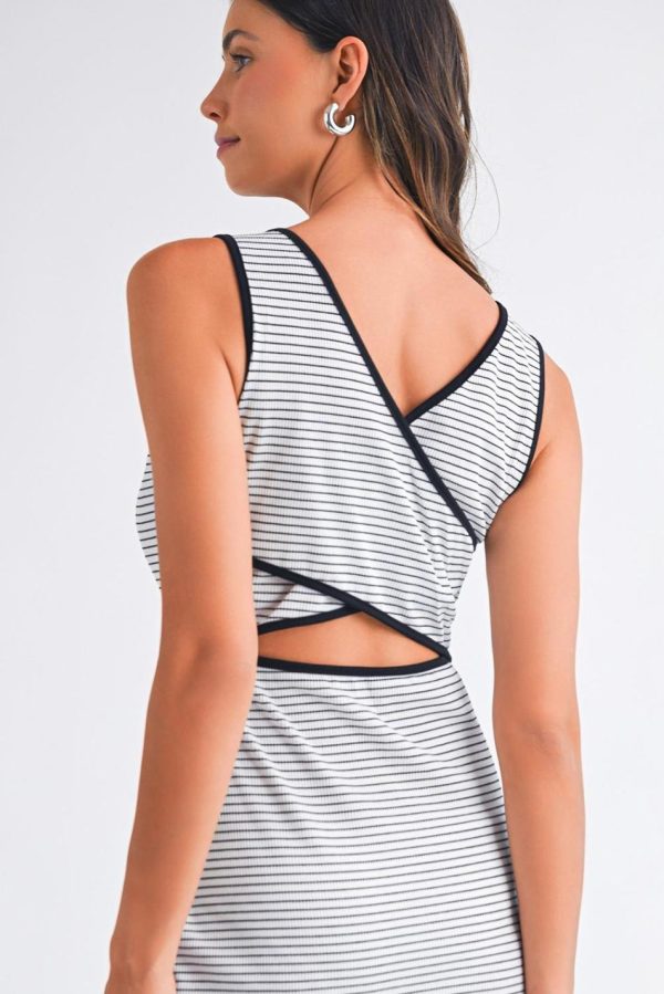 Women White Striped Criss Cross Back Side Slits Slim Fit Sleeveless Dress | Midi Dresses - Image 5