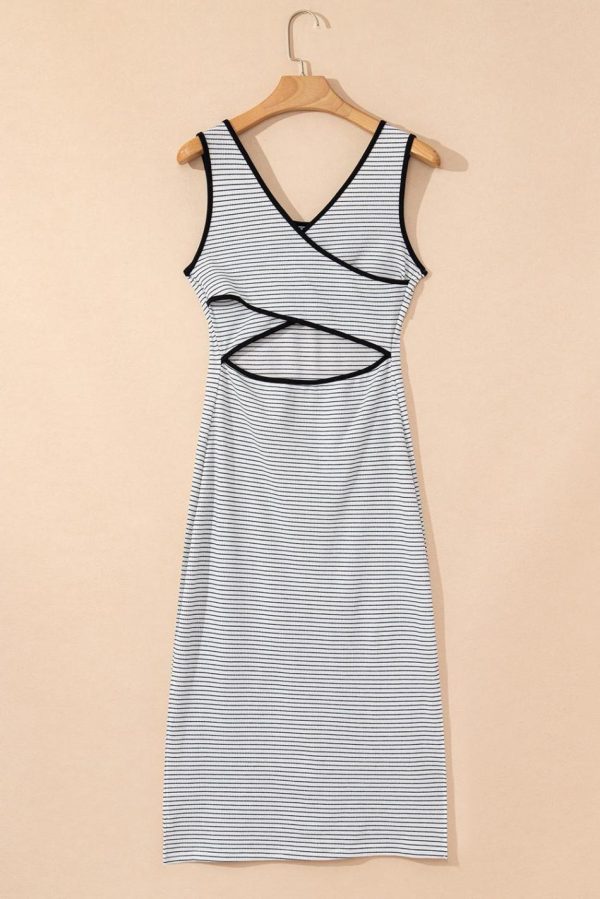 Women White Striped Criss Cross Back Side Slits Slim Fit Sleeveless Dress | Midi Dresses - Image 6