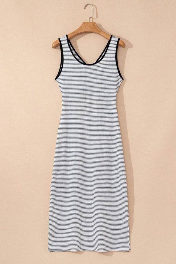 Women White Striped Criss Cross Back Side Slits Slim Fit Sleeveless Dress | Midi Dresses - Image 7