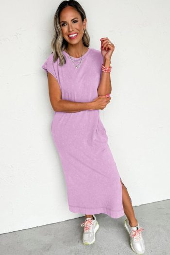 Women Wisteria Mineral Wash Pocketed T-Shirt Dress | Midi Dresses