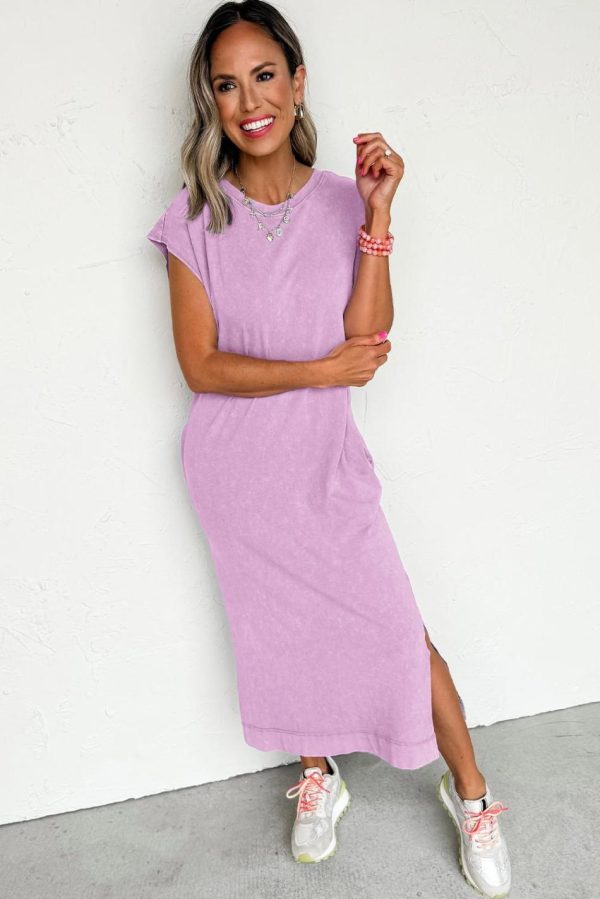 Women Wisteria Mineral Wash Pocketed T-Shirt Dress | Midi Dresses